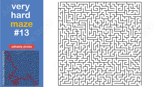 Very Hard Maze Puzzle for Adults and Kids, Complex Square Labyrinth Vector editable stroke