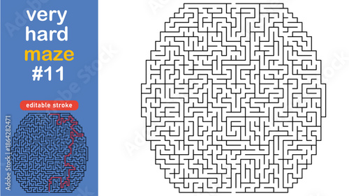 Very Hard Maze Puzzle for Adults and Kids, Complex Square Labyrinth Vector editable stroke