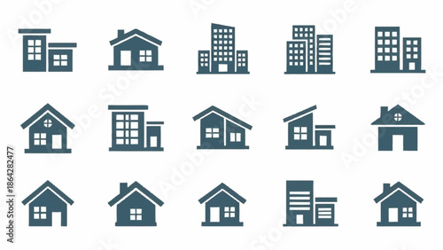 Collection of Simple House and Building Icons in Dark Blue.