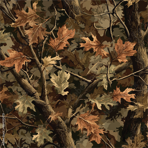 Camouflage seamless pattern. Forest real tree camouflage design. Hunting camouflage. Vector camouflage background using tree forest texture.
