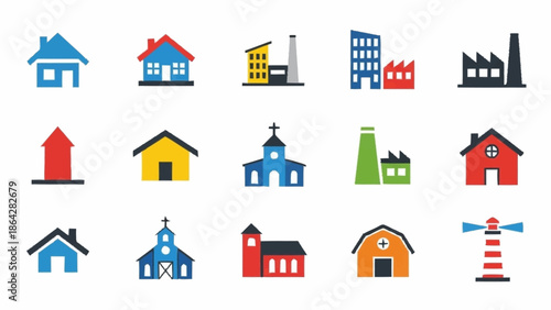 Collection of colorful building icons representing various structures.