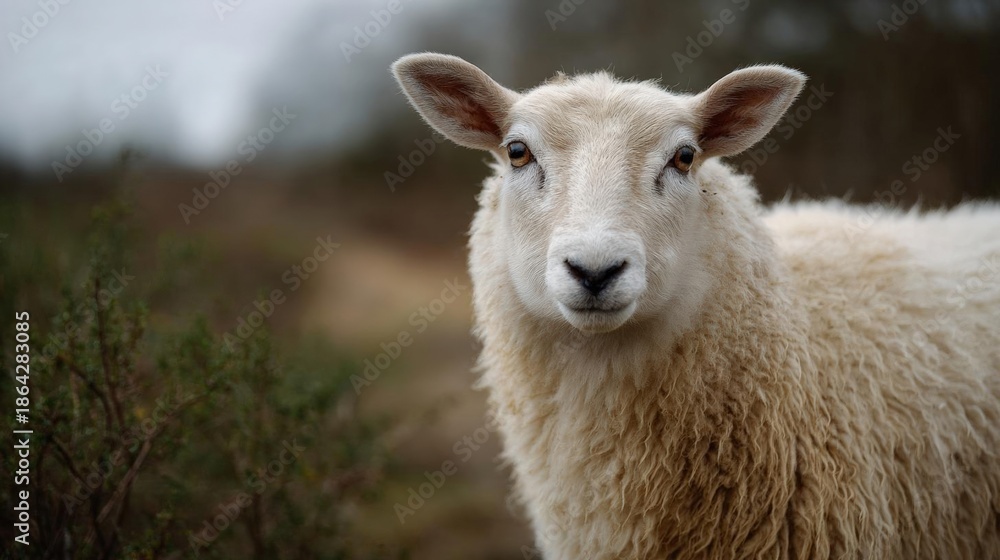 Obraz premium Close-up portrait of a sheep standing in a field. the sheep is facing the camera and is looking directly at the camera with a serious expression.