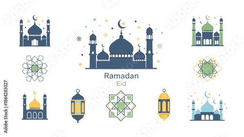 Ramadan Kareem Islamic Icons Set with Mosque and Lantern Vector Illustration