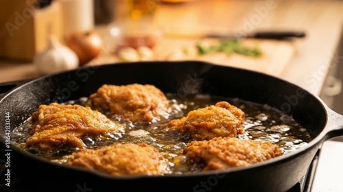 Fried chicken pieces frying in a pan