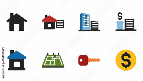 Real Estate Icons Set Featuring Houses and Financial Symbols.