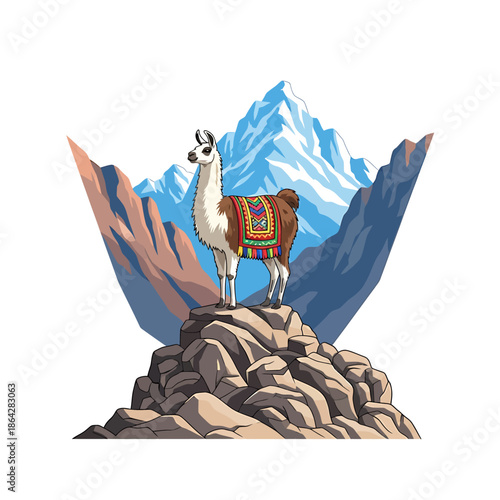 Majestic llama with colorful blanket stands proudly on a mountain peak, depicting serene alpine beauty and highland wildlife