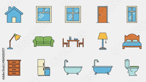 Collection of colorful home furniture and fixtures icons.