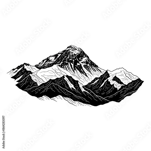Detailed monochromatic sketch of a majestic mountain range, showcasing the rugged peaks and snowy caps, evoking a sense of adventure and natural grandeur