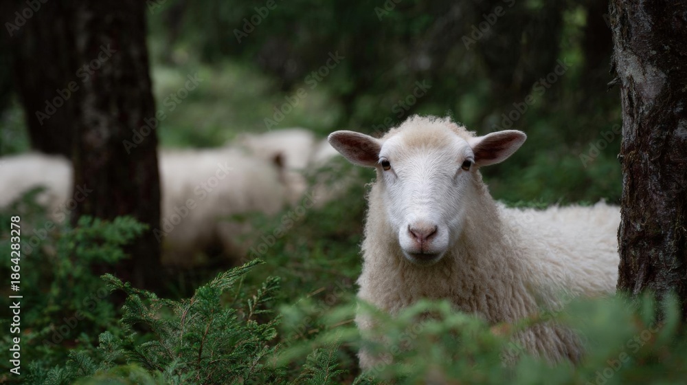 Obraz premium Close-up of a white sheep standing in a forest. the sheep is looking directly at the camera with a curious expression.