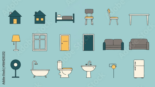 Collection of various home furniture and fixtures icons.