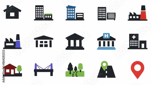 Collection of various black and colorful building icons on white background.