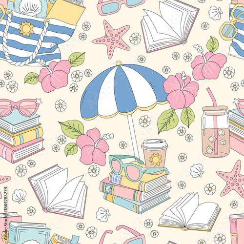 Summer Book Lover Seamless Pattern with Beach Accessories and Exotic Flowers