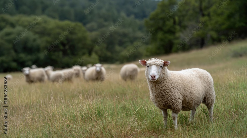 Fototapeta premium Sheep standing in a field of tall grass. the sheep is facing the camera and is looking directly at the camera with a curious expression.