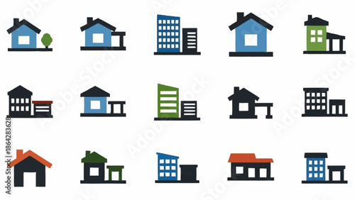 Collection of various house and building icons in different styles.