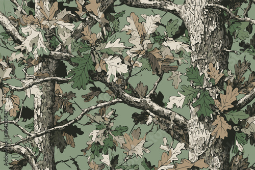 Seamless Woodland Camouflage Pattern with Tree Branches and Leaves