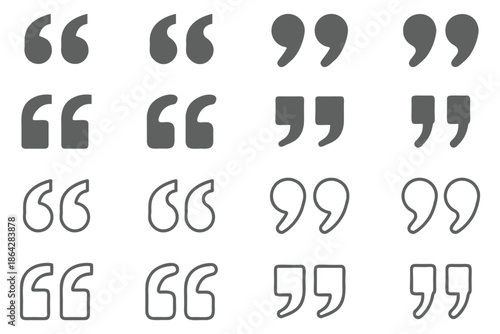 Quotation Marks and Punctuation Icon Set with Comma, Apostrophe, Parenthesis, and Speech Quote Symbols. Quote mark. Quotes icon set. Quote symbol. Simple quotes collection. Vector illustration.