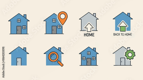 Collection of simple house icons with various symbols and text.