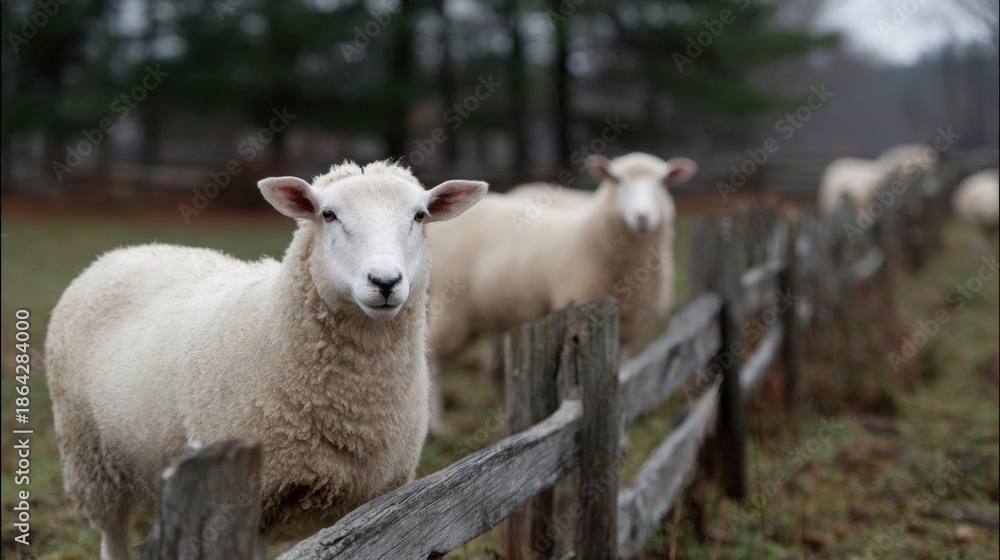 Obraz premium Group of sheep standing behind a wooden fence in a field. the sheep are white and fluffy, and they are looking directly at the camera with a curious expression.