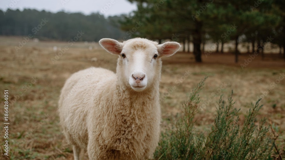 Fototapeta premium Close-up of a sheep standing in a field. the sheep is facing the camera and is looking directly at the camera with a curious expression. it has a light brown coat and large, pointed ears.
