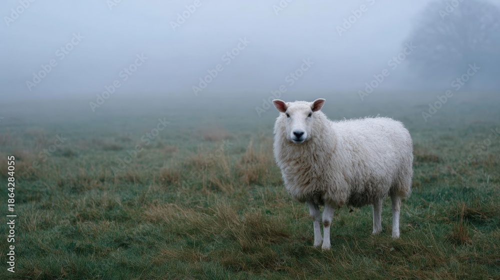 Obraz premium White sheep standing in a field of green grass. the sheep is facing the camera and is looking directly at the camera. the field is shrouded in a thick fog, with a tree visible in the background.