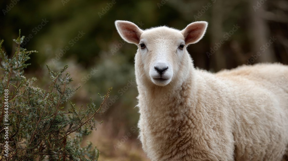 Obraz premium Close-up of a white sheep standing in a wooded area. the sheep is facing the camera and is looking directly at the camera with a slight smile on its face.