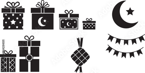 Islamic Eid Mubarak Gift Boxes and Celebration Elements Vector Set
