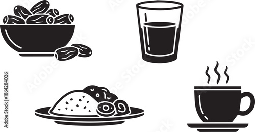 Ramadan Iftar Food Icons Set with Dates Water and Coffee