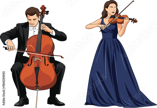 Classical music, cello performance, violin solo, elegant dress, tuxedo, stage concert, string instruments, formal attire, musical duo, live recital