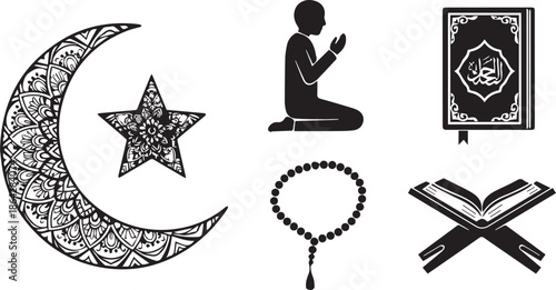 Islamic religious elements set with Quran, Tasbih and Mandala Moon