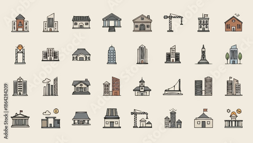 Collection of various building and construction icons in different styles.
