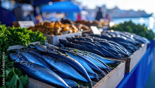 Wallpaper Mural Freshly caught sardines and mackerel arranged artfully on a bed of greens at an outdoor market stall Torontodigital.ca