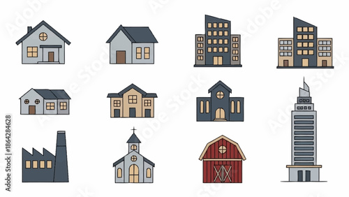 Collection of various building icons in different styles and designs.