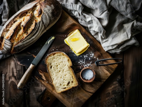 Toasted bread with butter, knife and sea salt on rustic wooden board. AI-generated.