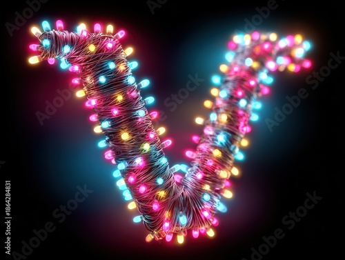 Letter V made of colorful LED lights on dark background. AI-generated.