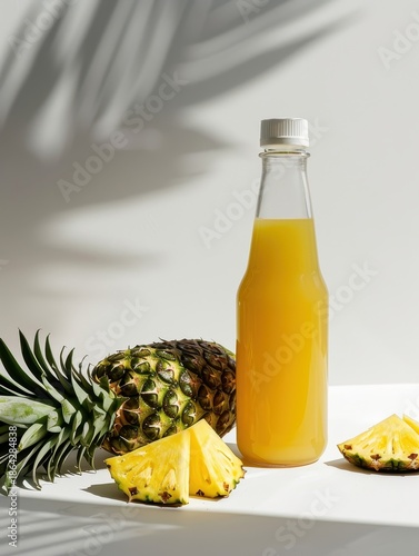 Pineapple juice bottle with fresh pineapple slices on white background. AI-generated.
