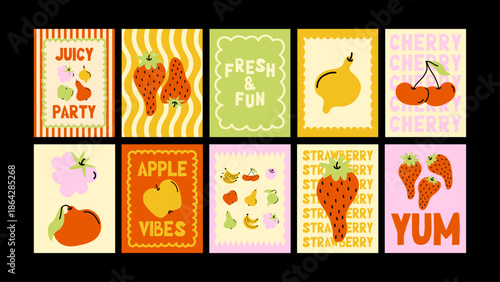 Cartoon fruit poster with cheerful characters and a sweet mood. Playful illustration for modern wall decor.