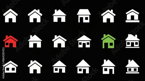 Collection of house icons in various designs and colors.