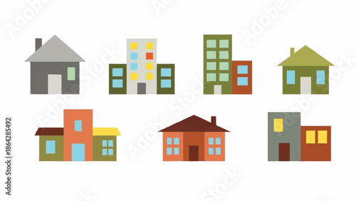 Collection of colorful cartoon houses and buildings in various styles.