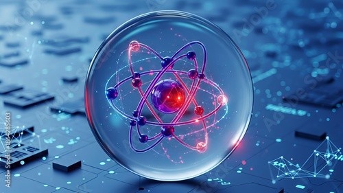 Abstract 3D Atomic Structure and Molecular Network with Glowing Nucleus on Blue Background for Science and Technology