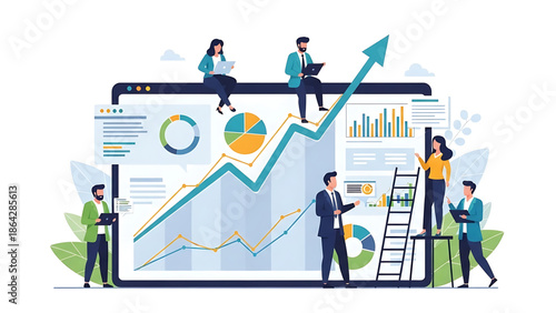 Business analytics and data visualization concept with people interacting with charts and graphs on a digital screen