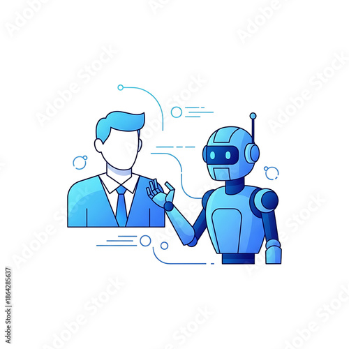 Artificial Intelligence and Human Collaboration in Business, showcasing advanced robotic technology assisting a professional in a modern digital environment with efficient data exchange