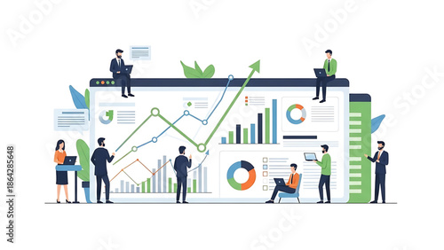 Business analytics and data visualization with teams working around a dashboard