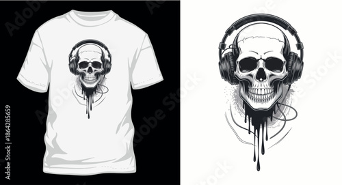 Monochrome skull with headphones and dripping paint vector illustration on white background