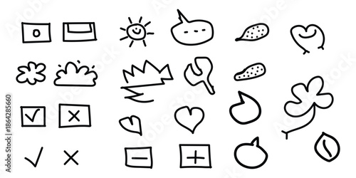 A collection of 25 hand drawn icons and symbols