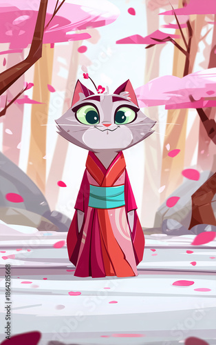 Stylized anthropomorphic feline character wearing a traditional kimono, set in an illustrated scene with flowering trees and falling petals.