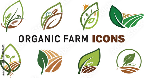 Set of organic farm icons with leaf and plant designs