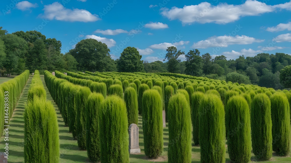 Naklejka premium Serene Memorial Park with Green Bushes & Gravestones - Peaceful Cemetery Landscape