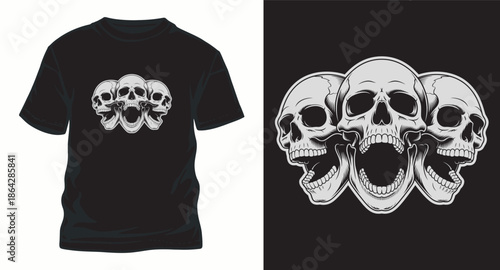 Five screaming skulls in black and white illustration