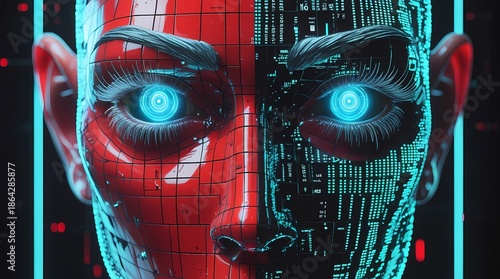 Futuristic Art Deco Cybernetic Face with Glitch Data Stream and Neon Wireframe Geometry