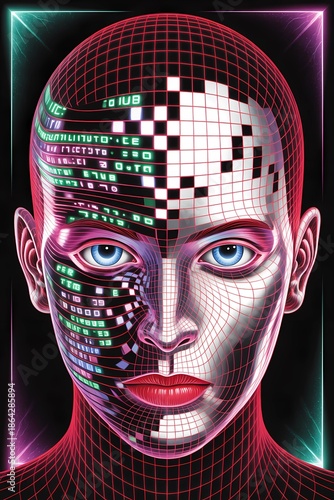 Futuristic Art Deco Cybernetic Face with Glitch Data Stream and Neon Wireframe Geometry